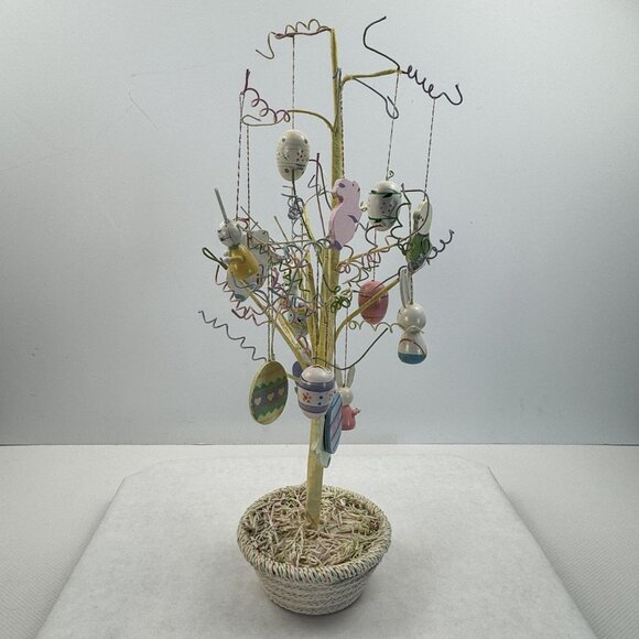 Vintage Easter Tree 17 Wooden Ornaments Bendable Branches Yellow 18" Tall - Picture 1 of 12